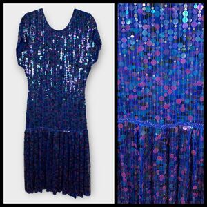 Vintage Silk Full Sequin Drop Waist Short Sleeve Blue 80s Dress Medium 10/12